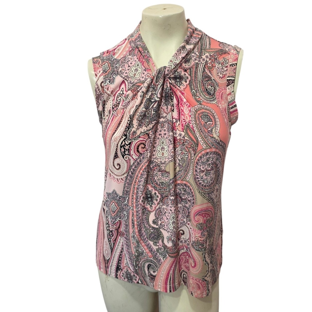 Tommy Hilfiger Paisley Tie Neck Sleeveless Blouse Pink Multicolor Women's M